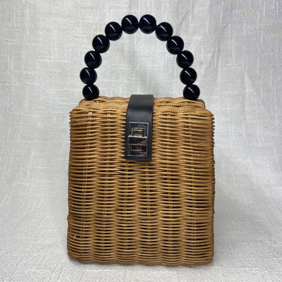 Small Straw Rattan Wicker Bag with Black Bead Handle & Twist Clasp Closure - Picture 3 of 13